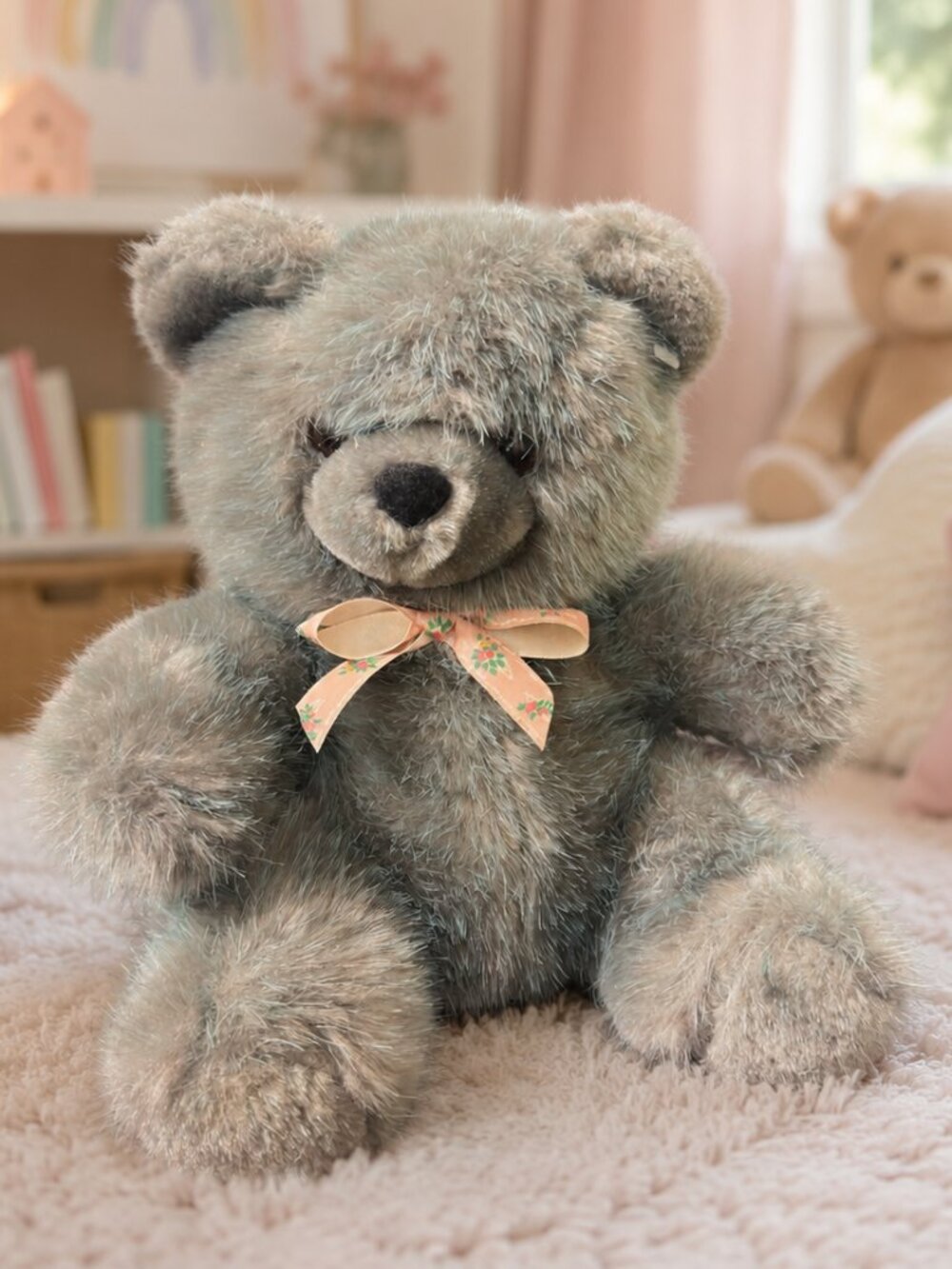 VTG America Wego Gray Plush Teddy Bear 9.5" Sitting Stuffed Animal Pink Floral